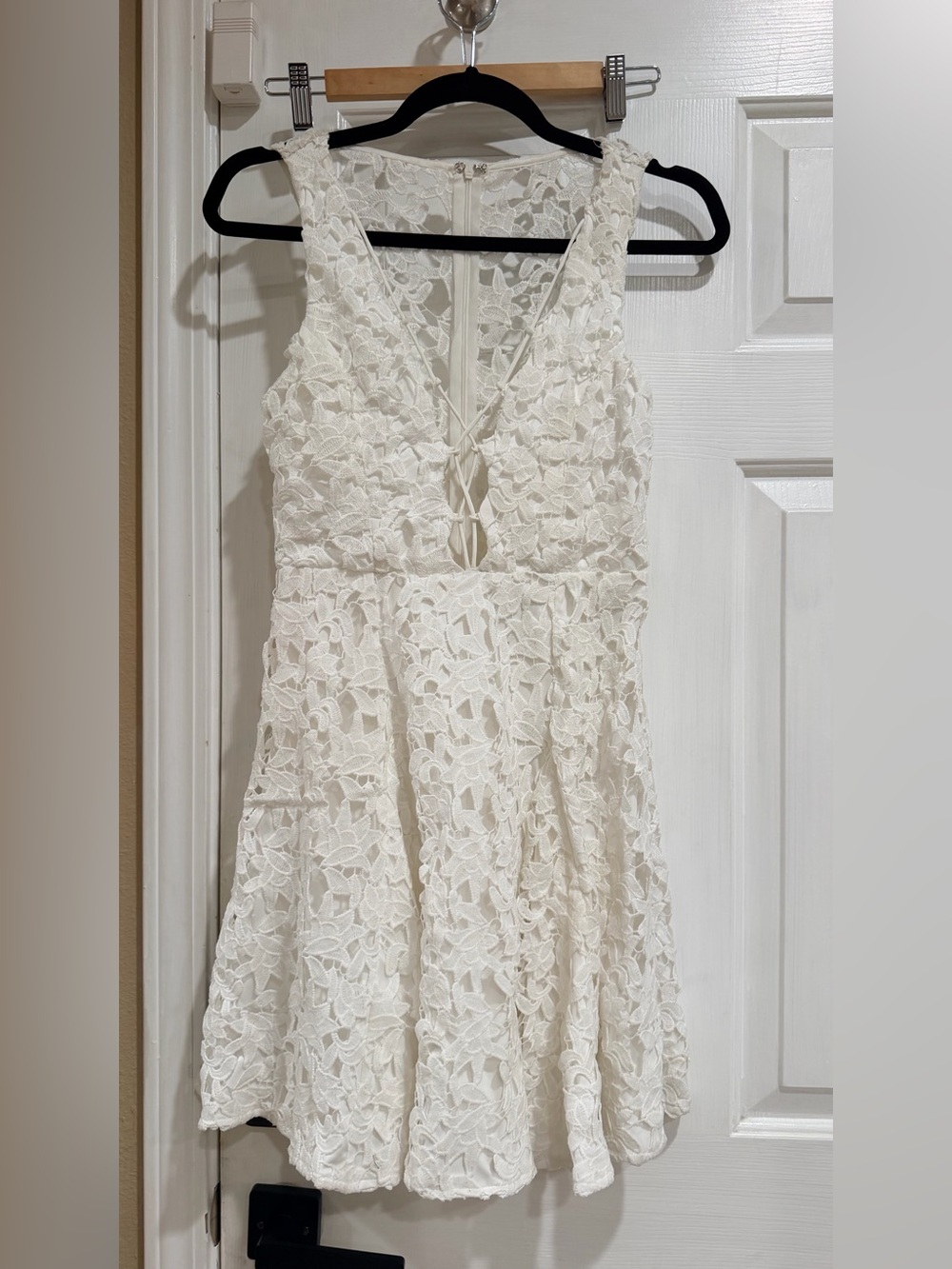 Luxxel White Lace Dress with Lace-Up V Neck